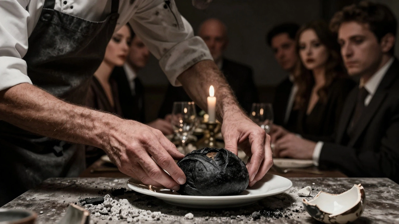 A chef&#039;s hands place a burnt bread roll on a shattered plate, surrounded by ash and silent diners.