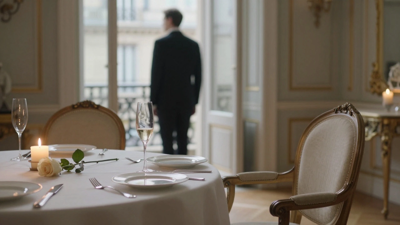 An empty luxury dinner setting in a Paris apartment, one chair occupied, candlelight casting long shadows.